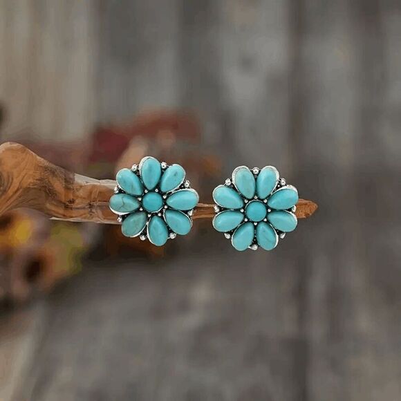 Western Boho Flower Turquoise Stud Earrings - Picture 4 of 5